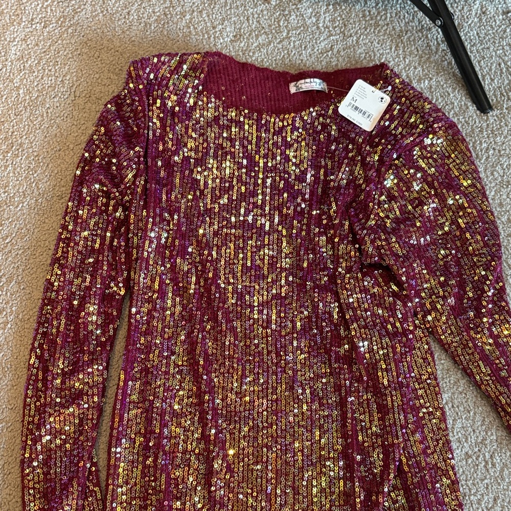 Free People Burgundy and Gold Sequin Long Sleeve Top